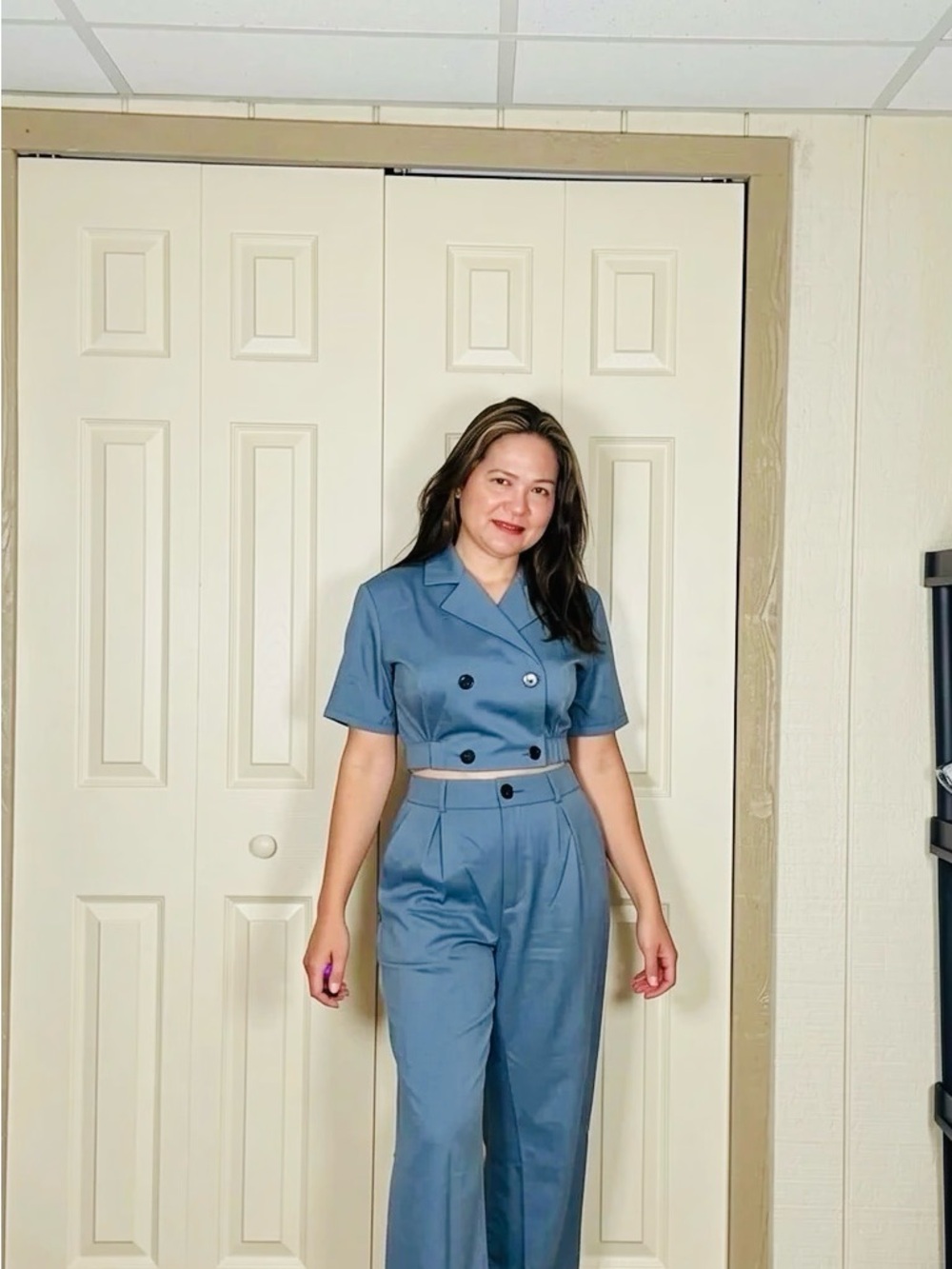 Cropped Double-Breasted Blue Jumpsuit Set